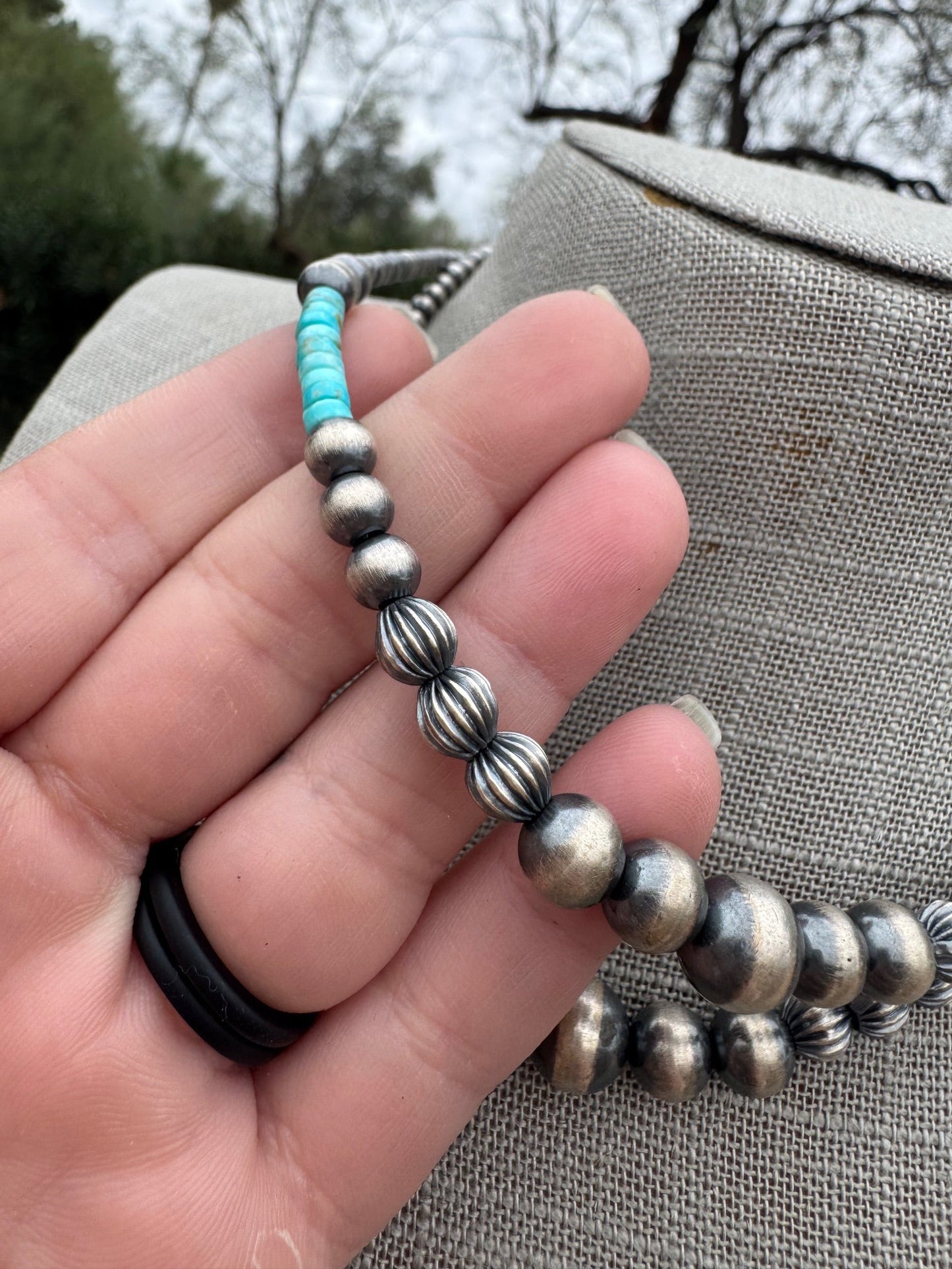 Handmade Rolled Kingman Turquoise and Sterling Silver 4-10mm Beaded Necklace 16"