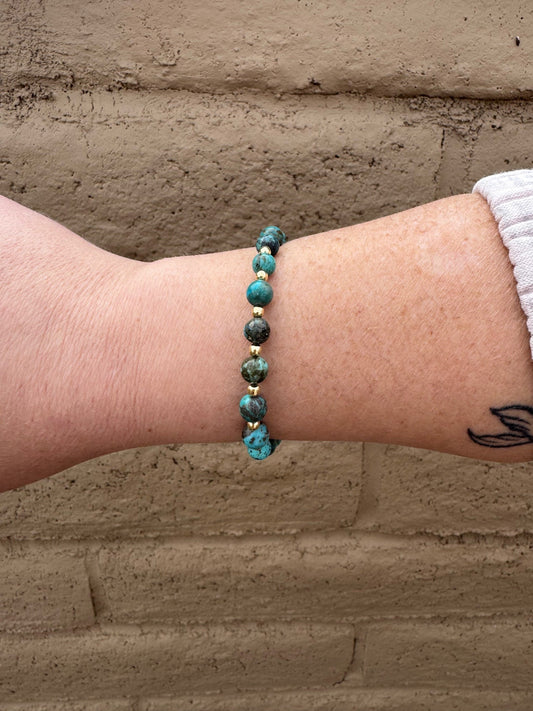 Handcrafted Hubei Turquoise 14k Gold Overlay & Sterling Silver Beaded Bracelet 7"