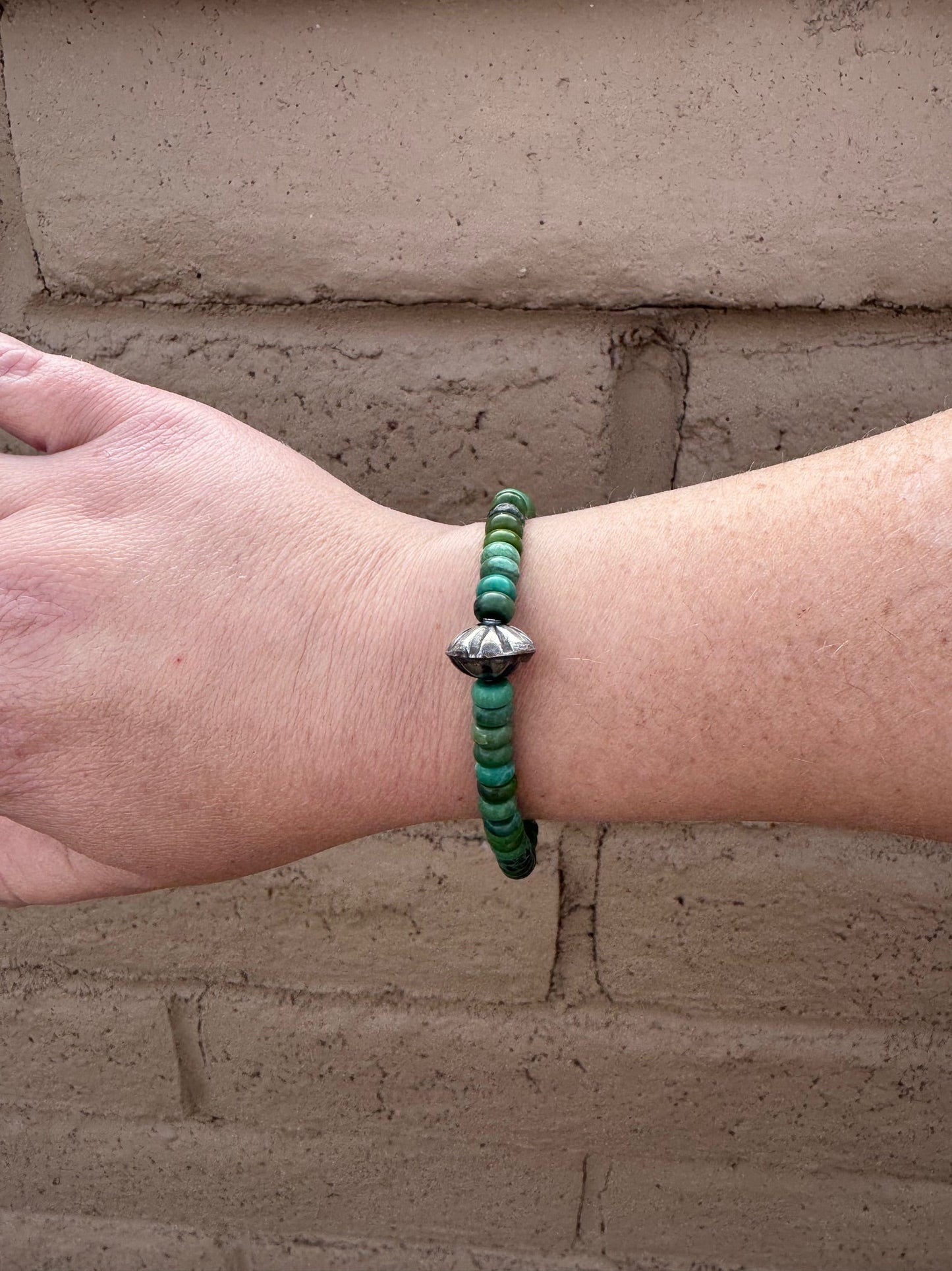 Handcrafted Rolled Green Turquoise Beaded Stretch Bracelet 8"