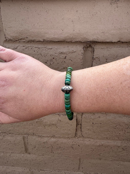 Handcrafted Rolled Green Turquoise Beaded Stretch Bracelet 8"