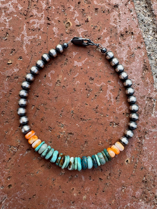 Handcrafted Orange Spiny, Turquoise & Sterling Silver 5mm Beaded Bracelet 7.5"