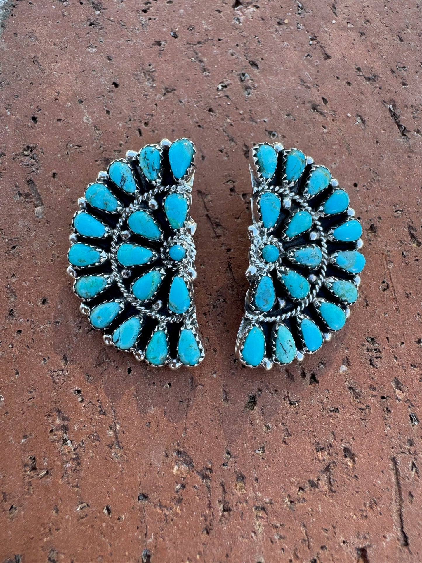 Handcrafted Turquoise & Sterling Silver Post Crescent  Earrings