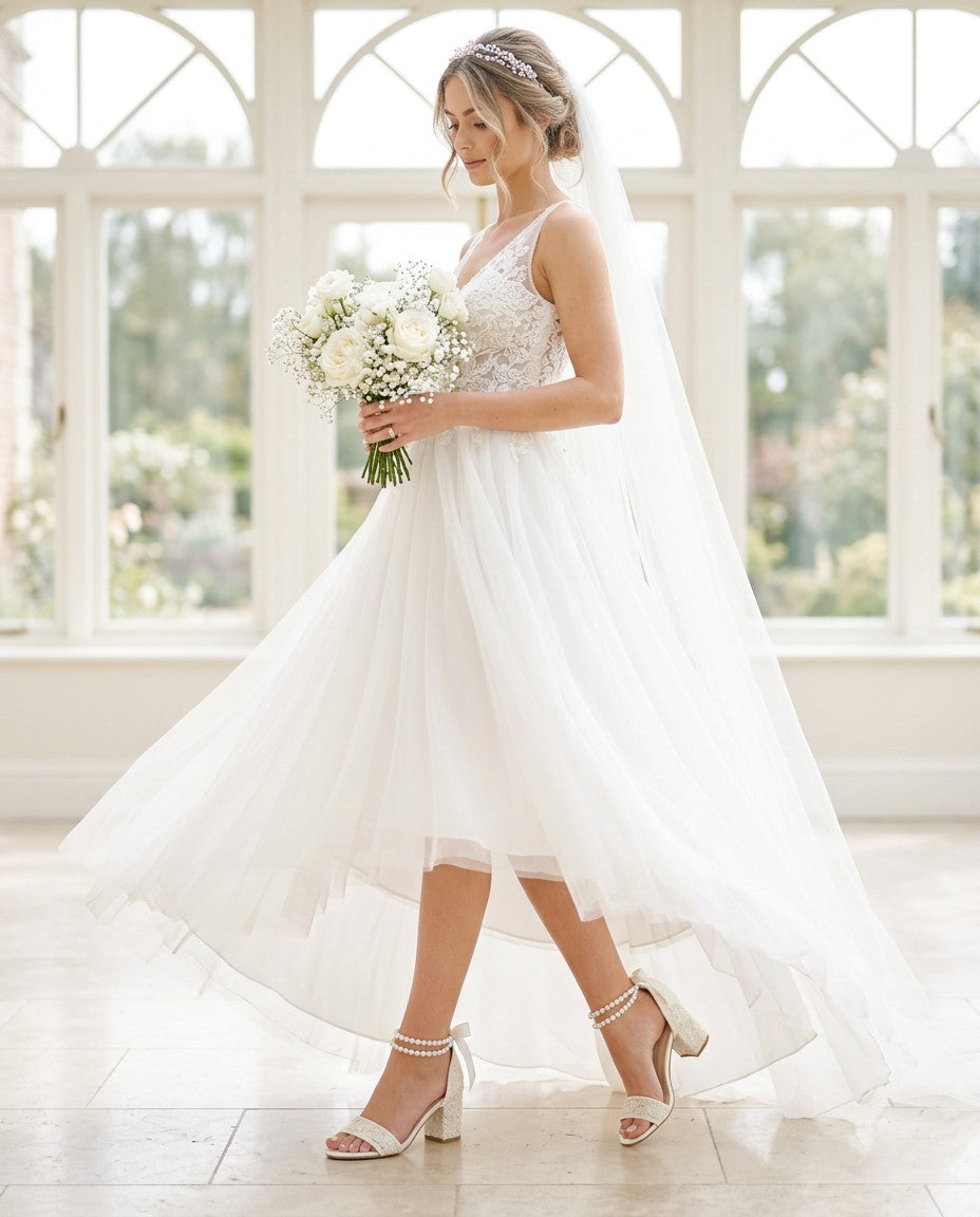 Crochet Lace Block Heel Wedding Sandals with Double Pearl Ankle Strap
