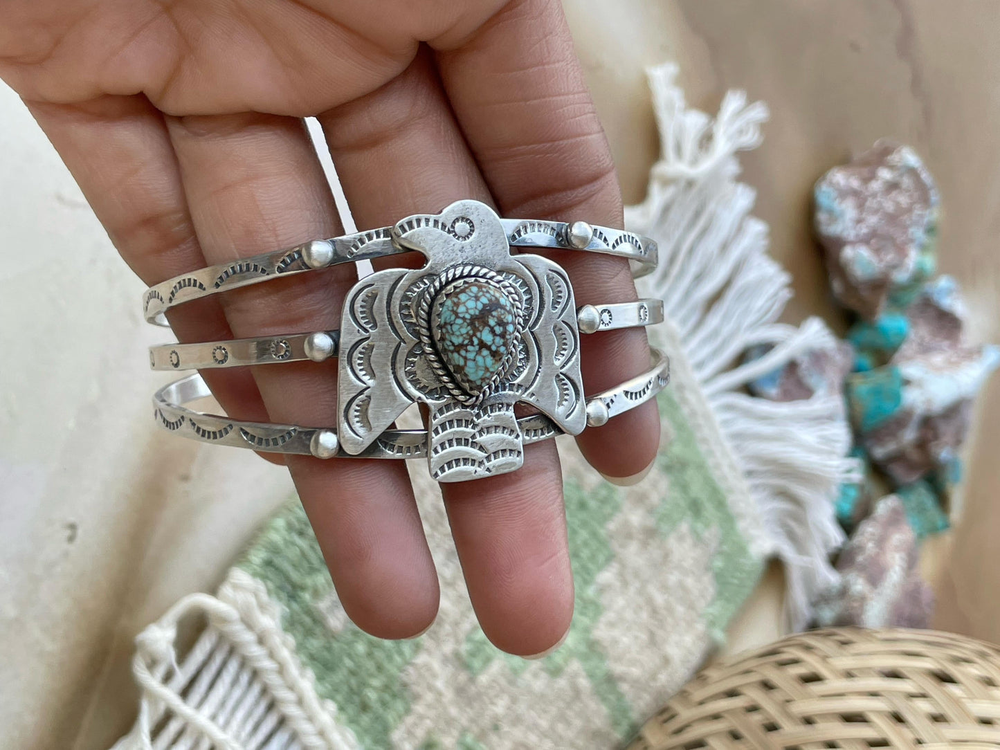 Handmade Sterling silver thunderbird Cuff Bracelet, Options-Golden Hills, Number 8, Sonoran Mountain, Red Dahlia Rose, Cuff Signed Nizhoni
