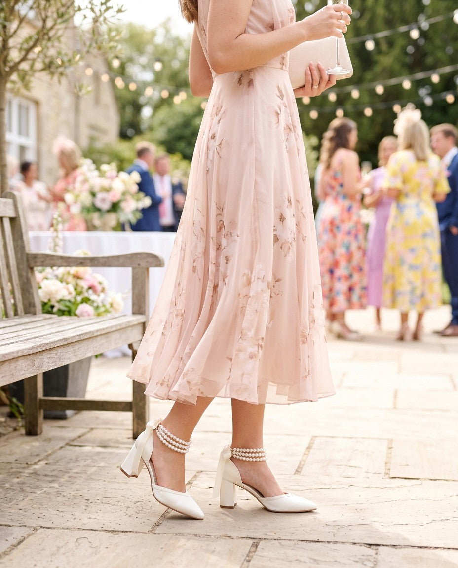 Satin Block Heels Wedding Shoes with Trinity Pearls Wrap