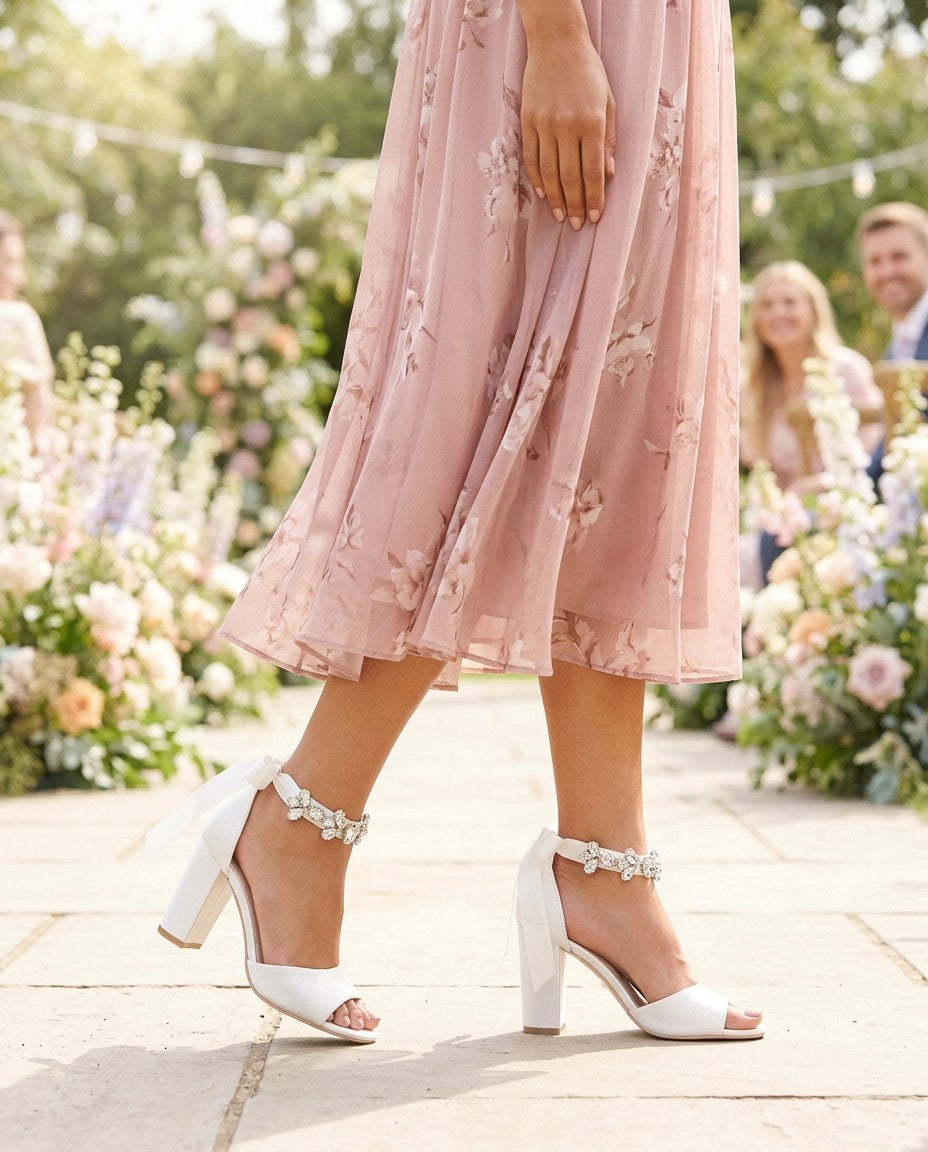 Satin Block Heel Wedding Sandals with Navette Cluster Rhinestones Strap