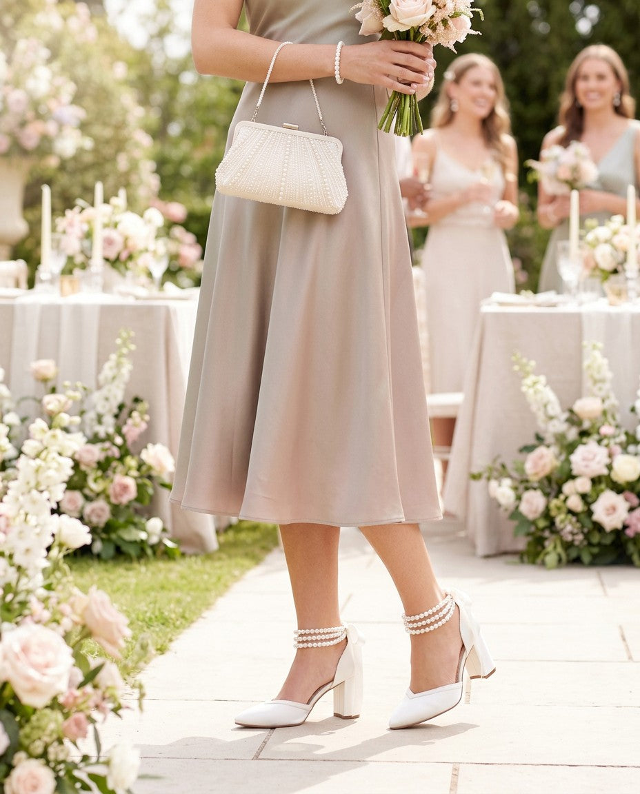 Satin Block Heels Wedding Shoes with Trinity Pearls Wrap