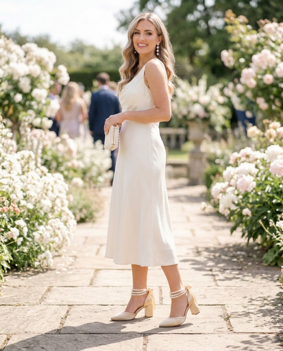 Satin Block Heels Evening Shoes with Trinity Pearls Wrap