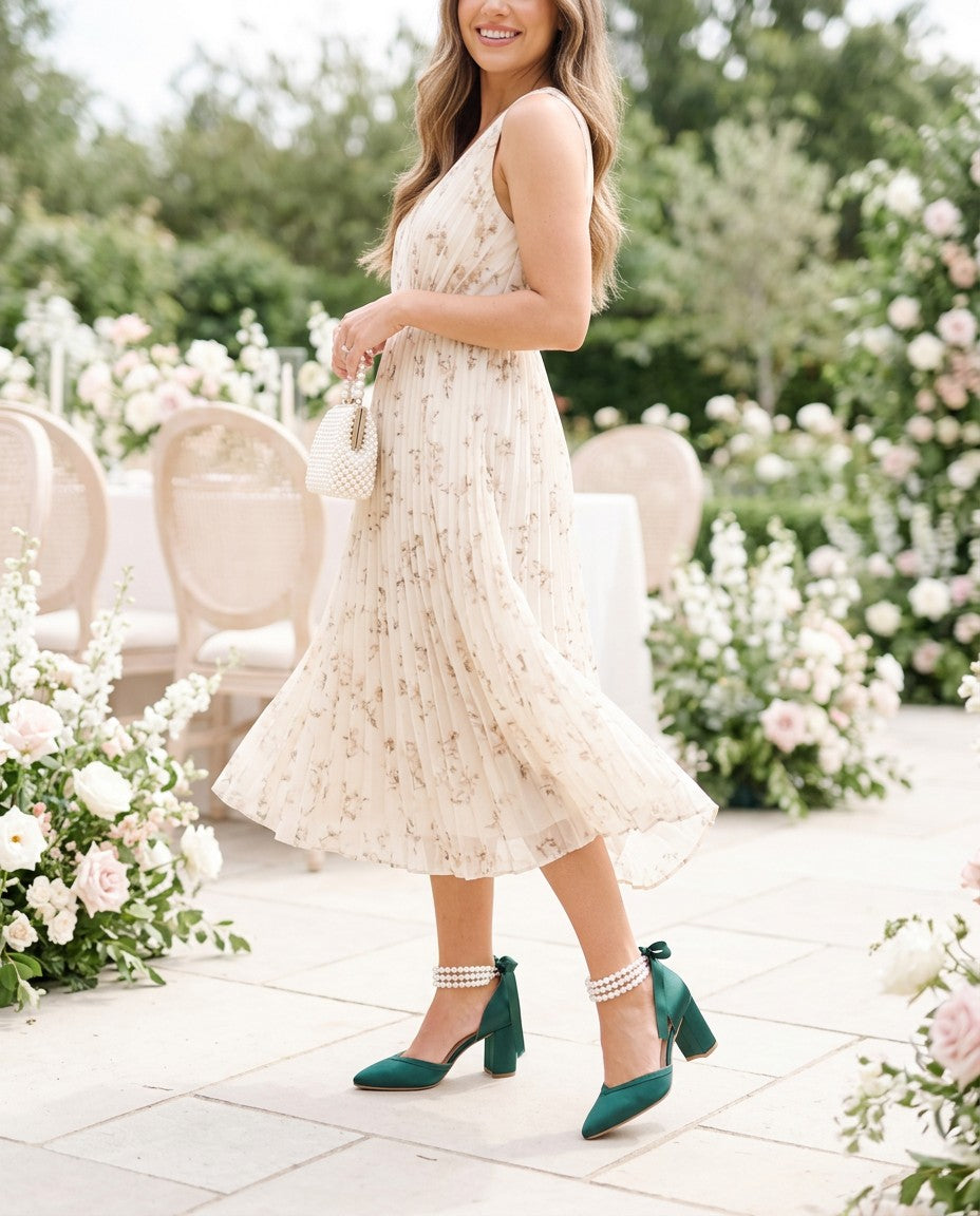Satin Block Heels Evening Shoes with Trinity Pearls Wrap