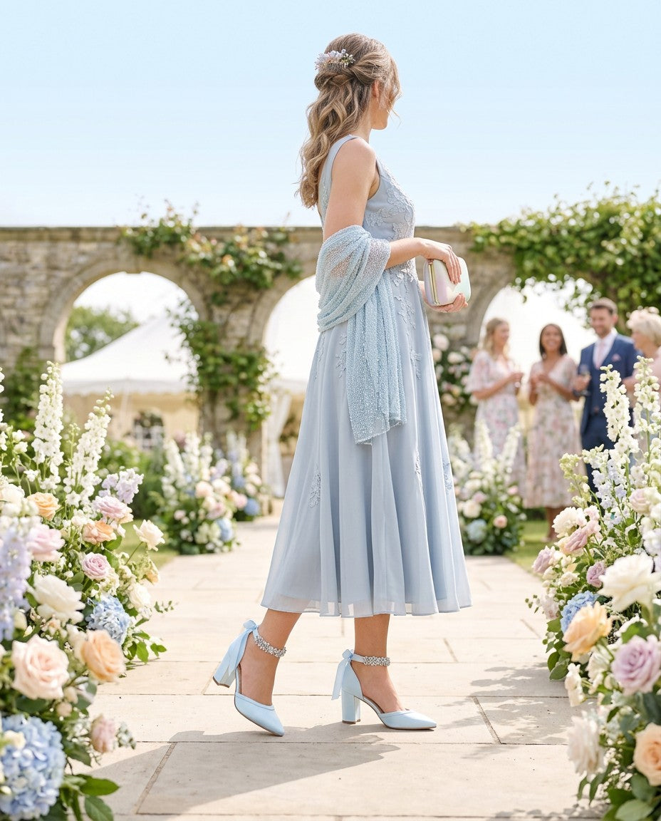 Satin Block Heels Wedding Shoes with Floral Rhinestones Ankle Strap