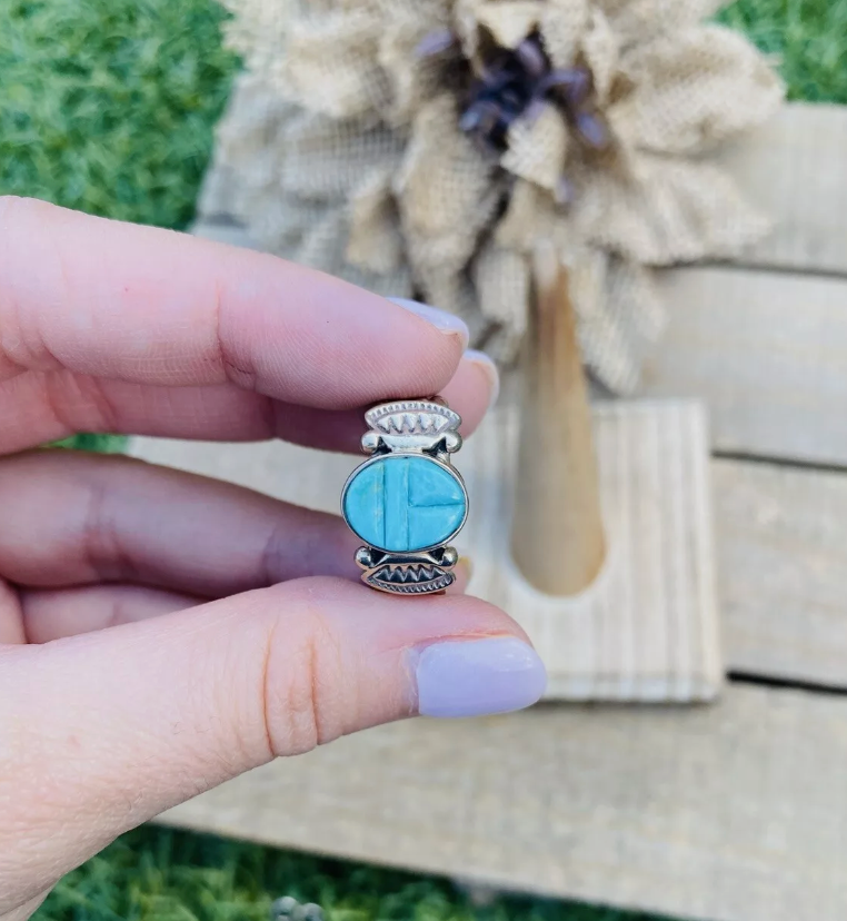 Handcrafted Sterling Silver & Turquoise Inlay Ring Size 6.25