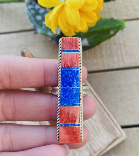 Handcrafted Sterling Silver, Spiny & Opal Inlay Ring Size 9