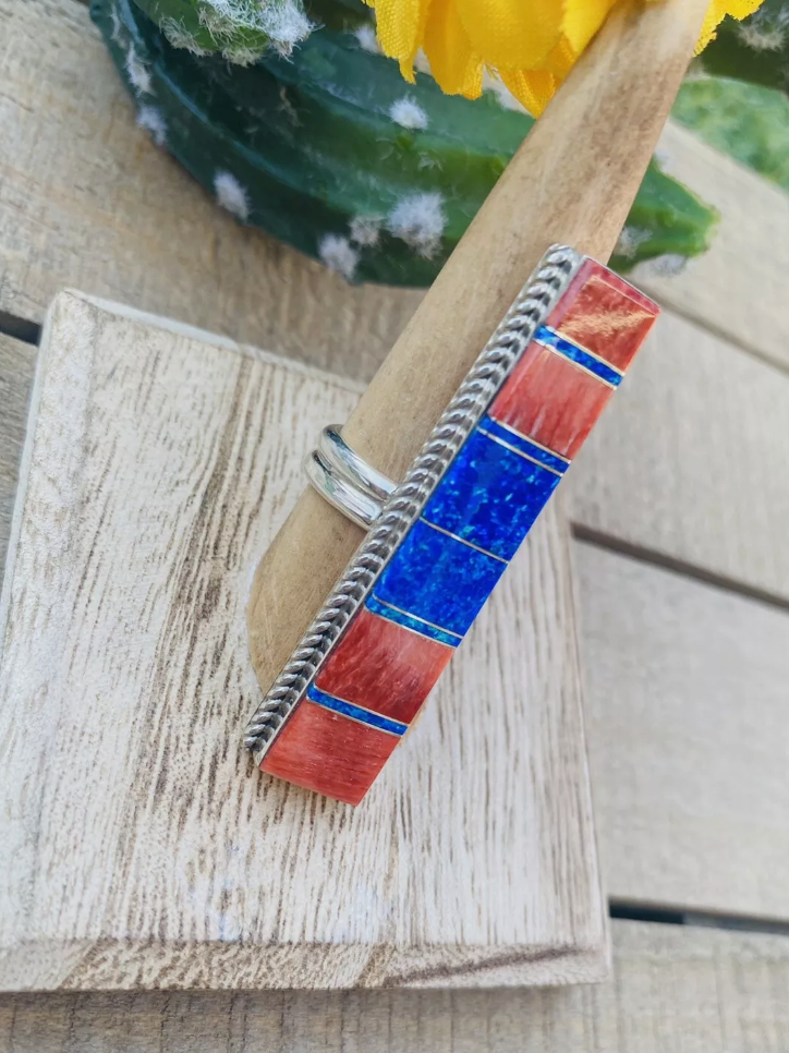 Handcrafted Sterling Silver, Spiny & Opal Inlay Ring Size 9