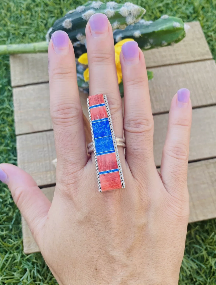 Handcrafted Sterling Silver, Spiny & Opal Inlay Ring Size 9