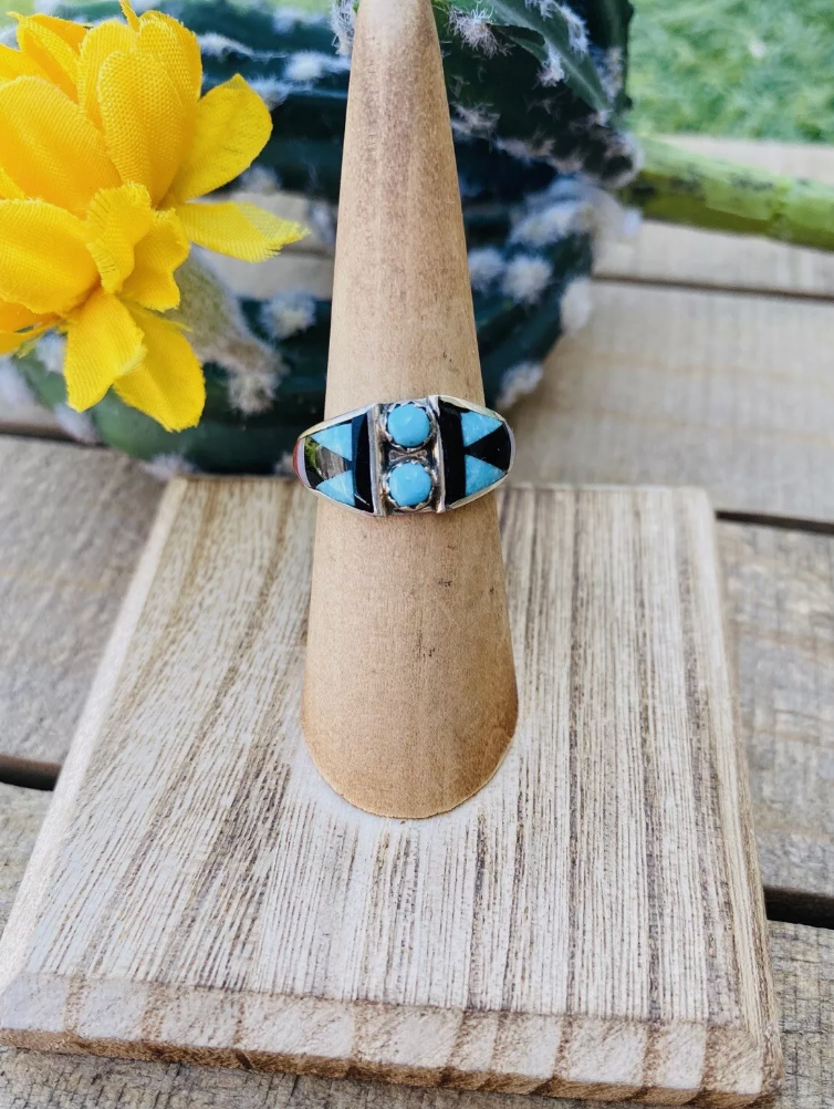 Handcrafted Sterling Silver & Multi Stone Inlay Ring Size 5