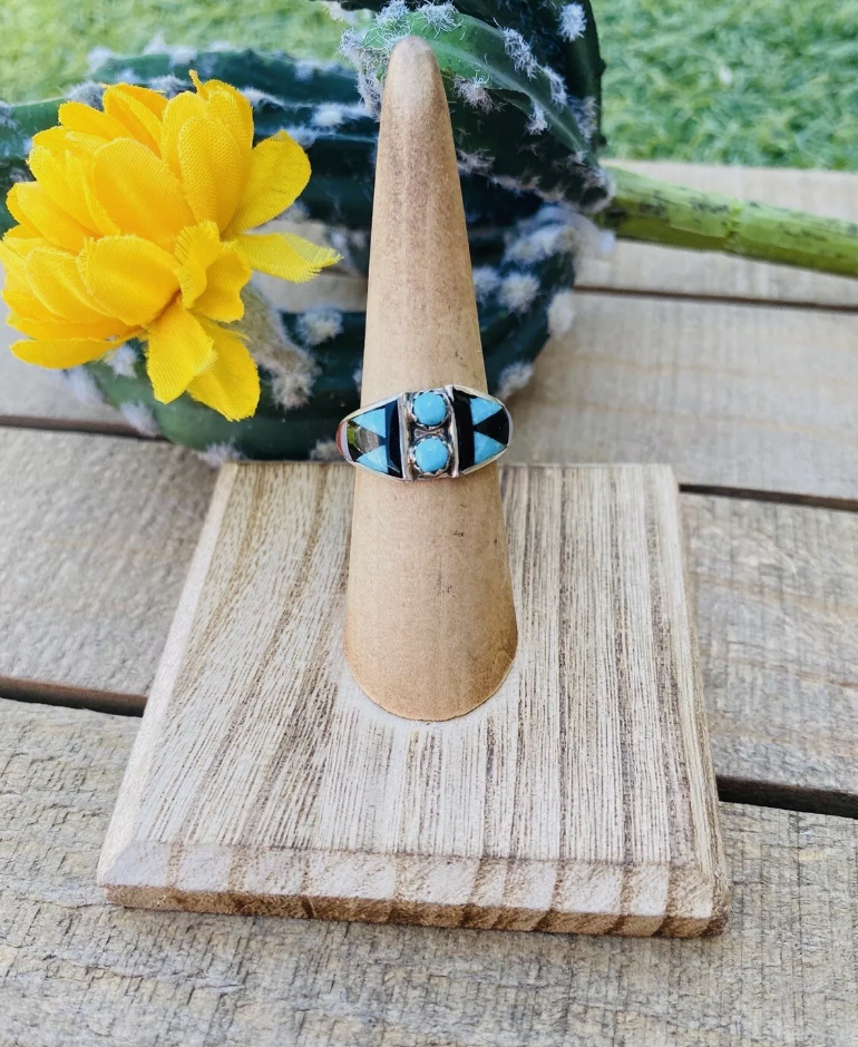 Handcrafted Sterling Silver & Multi Stone Inlay Ring Size 5