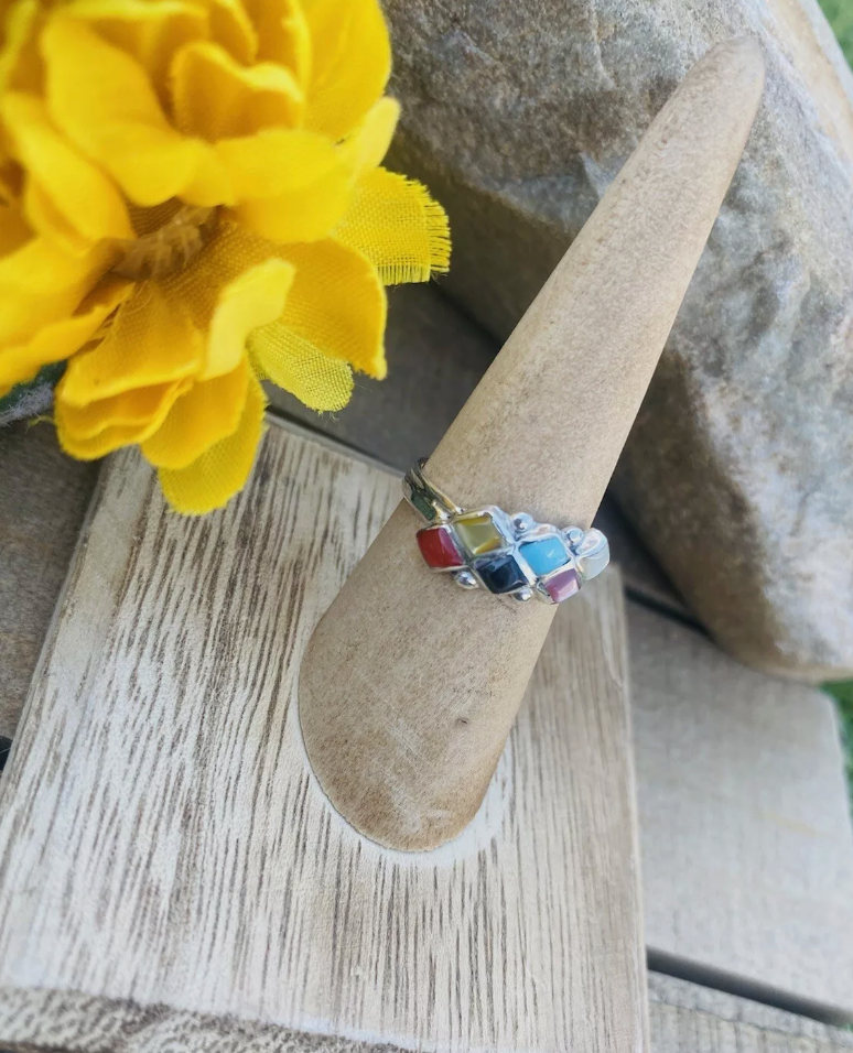 Handcrafted Sterling Silver & Multi Stone Ring Size 6.25