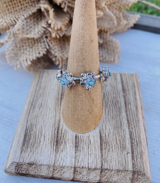 Handcrafted Sterling Silver, Mother of Pearl & Turquoise Flower Band Ring Size 7