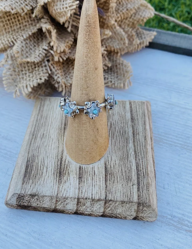 Handcrafted Sterling Silver, Mother of Pearl & Turquoise Flower Band Ring Size 7