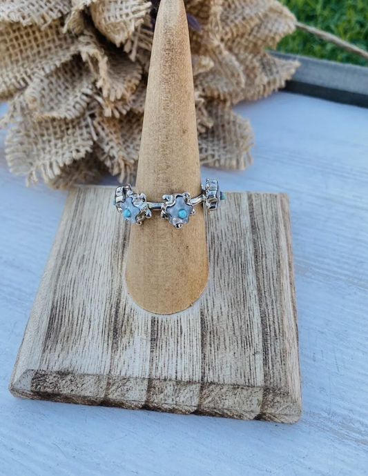 Handcrafted Sterling Silver, Mother of Pearl & Turquoise Flower Band Ring Size 7