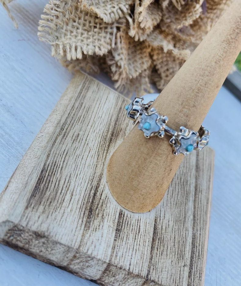 Handcrafted Sterling Silver, Mother of Pearl & Turquoise Flower Band Ring Size 7