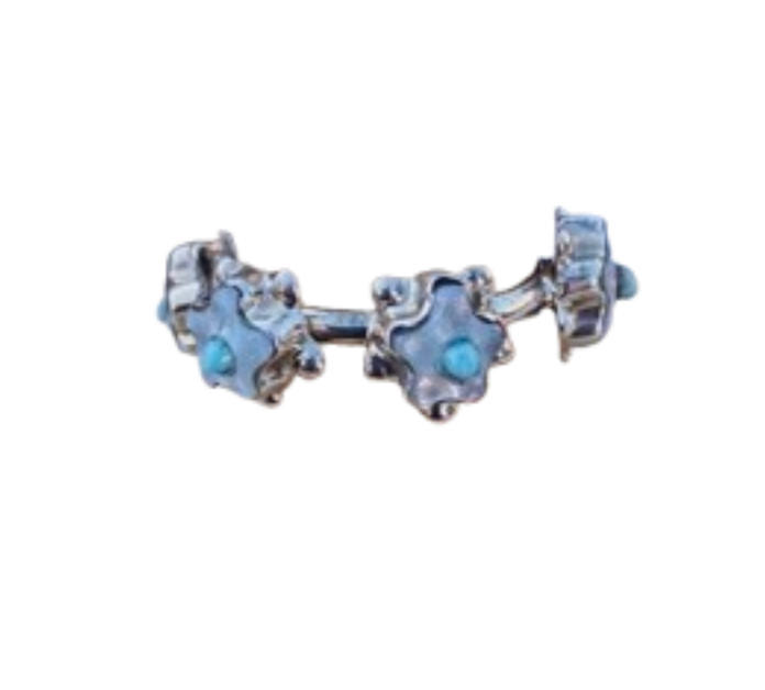 Handcrafted Sterling Silver, Mother of Pearl & Turquoise Flower Band Ring Size 7