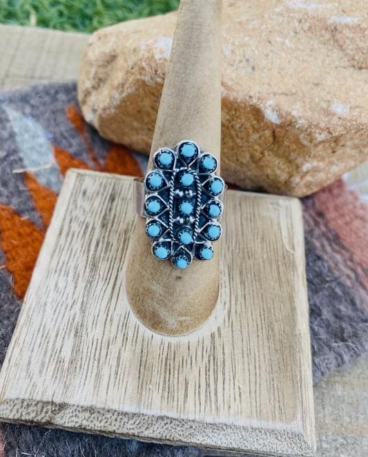 Handcrafted Sterling Silver & Turquoise Petit Point Ring Size 8.5