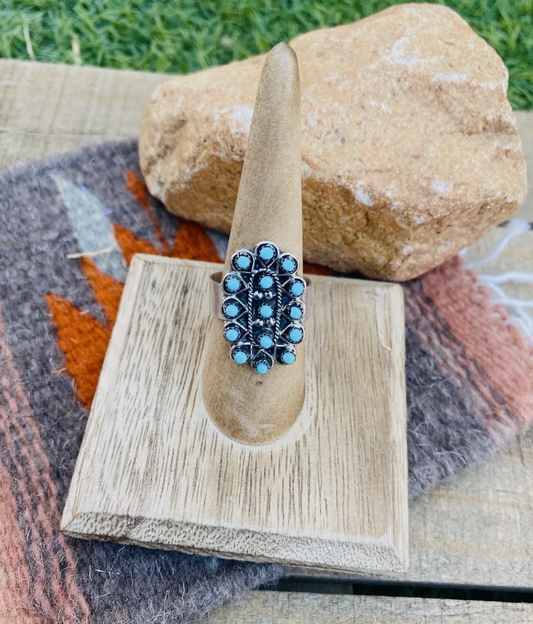 Handcrafted Sterling Silver & Turquoise Petit Point Ring Size 8.5
