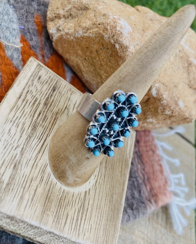 Handcrafted Sterling Silver & Turquoise Petit Point Ring Size 8.5