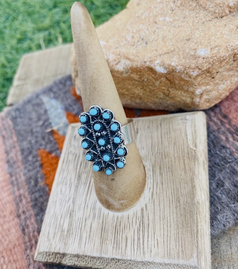 Handcrafted Sterling Silver & Turquoise Petit Point Ring Size 8.5