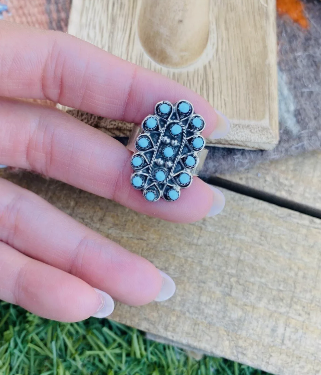 Handcrafted Sterling Silver & Turquoise Petit Point Ring Size 8.5