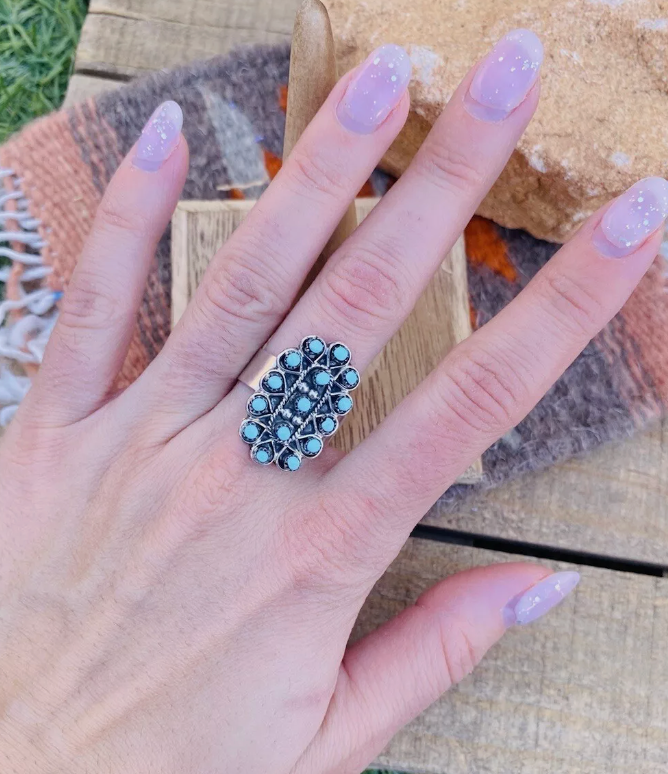 Handcrafted Sterling Silver & Turquoise Petit Point Ring Size 8.5