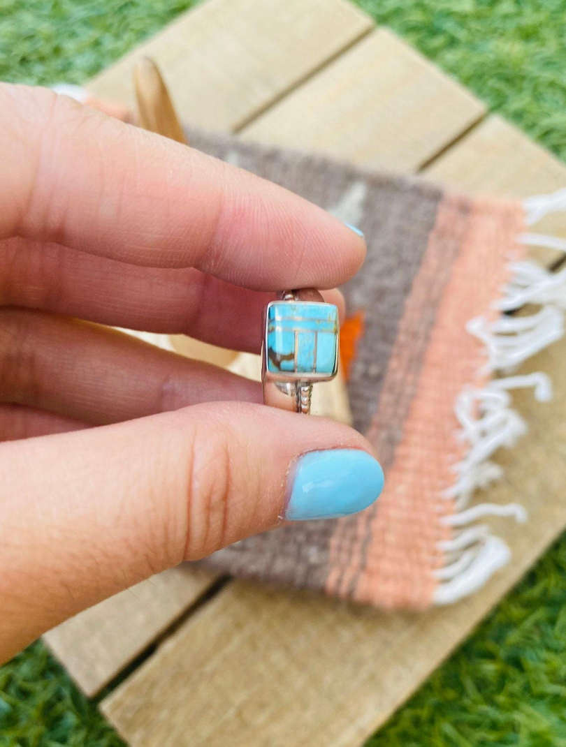 Handcrafted Sterling Silver & Turquoise Inlay Ring Size 5