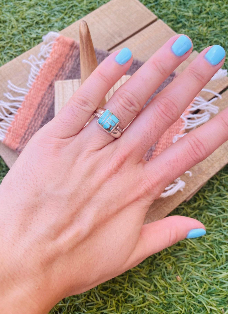 Handcrafted Sterling Silver & Turquoise Inlay Ring Size 5