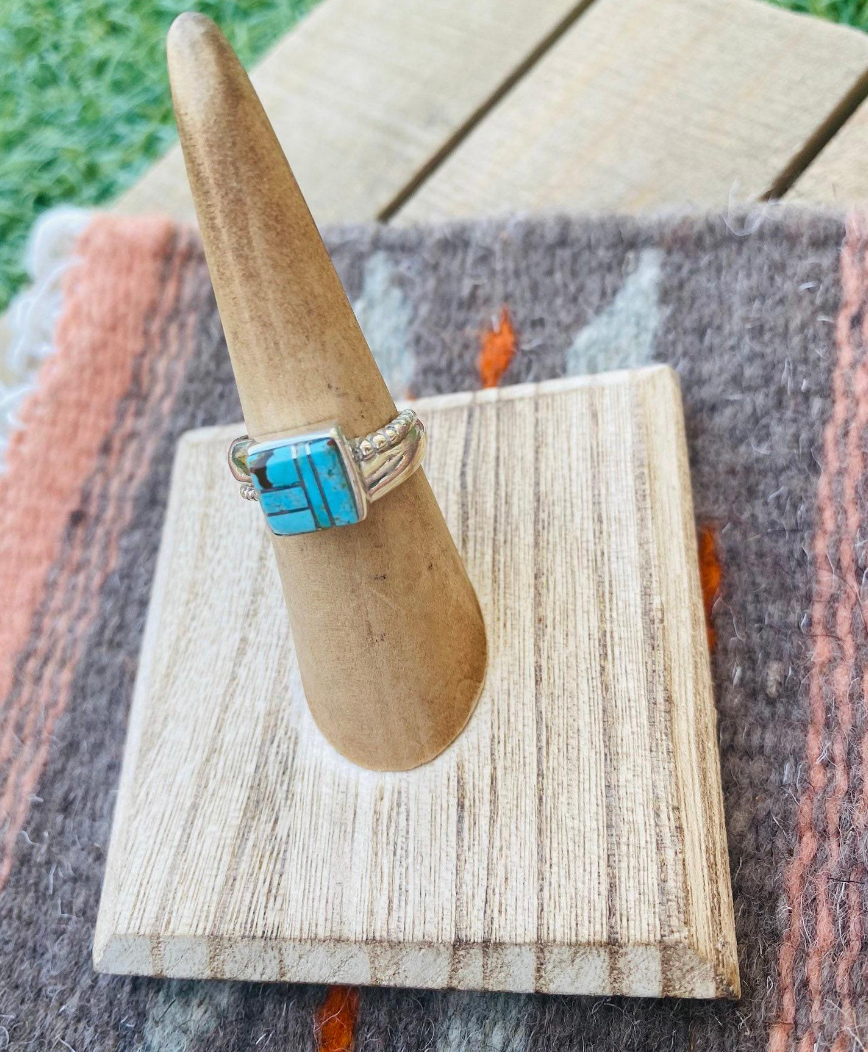 Handcrafted Sterling Silver & Turquoise Inlay Ring Size 5