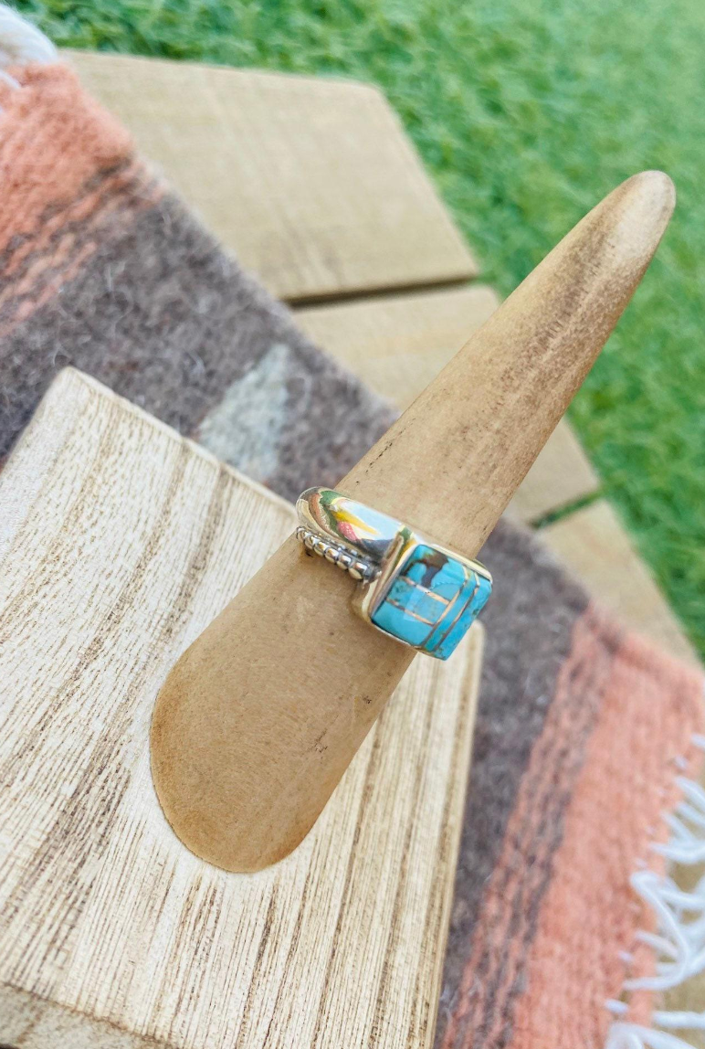 Handcrafted Sterling Silver & Turquoise Inlay Ring Size 5