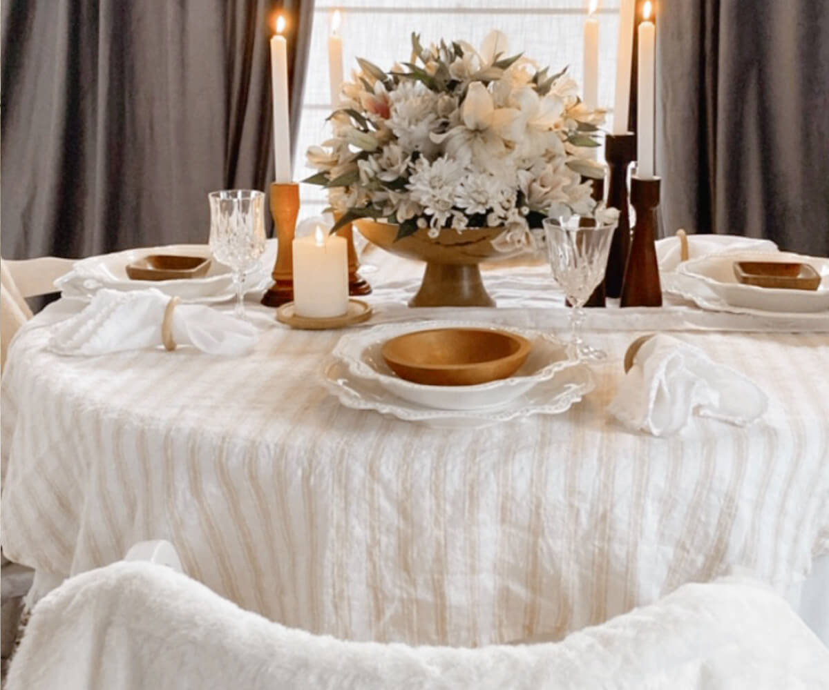 Homestead Stripe Linen Tablecloth -  Round Tablecloth 60 inch