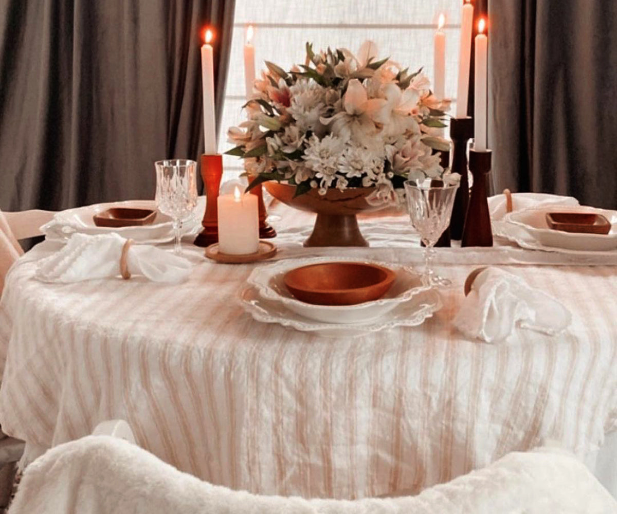 Homestead Stripe Linen Tablecloth -  Round Tablecloth 60 inch