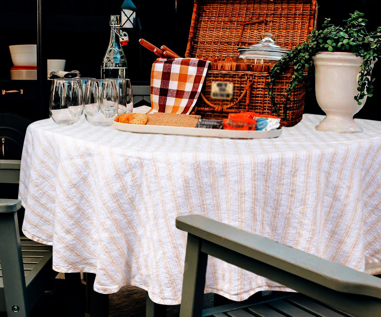 Homestead Stripe Linen Tablecloth -  Round Tablecloth 60 inch