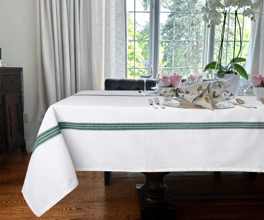 White Cotton Tablecloth - Green Striped