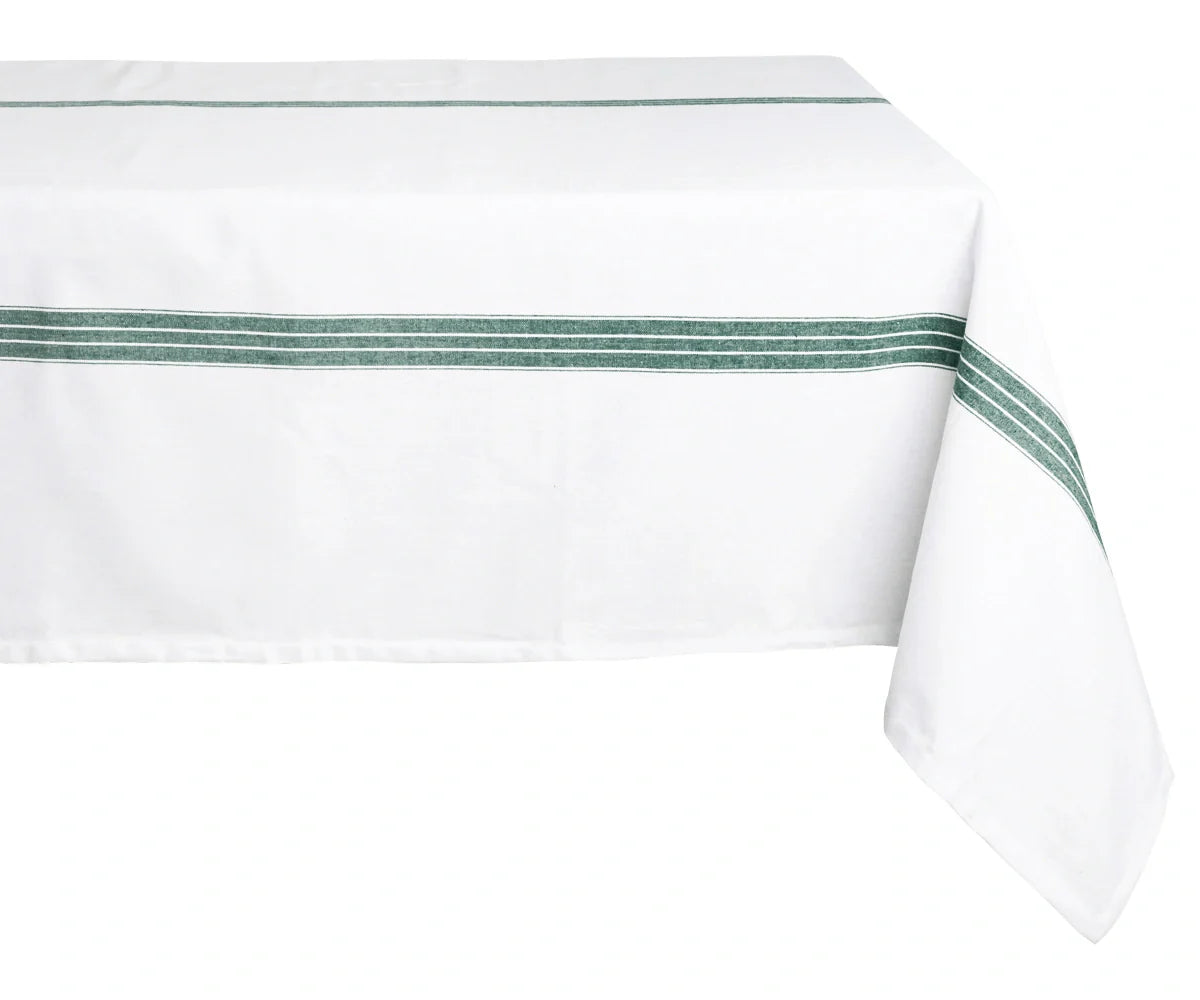 White Cotton Tablecloth - Green Striped