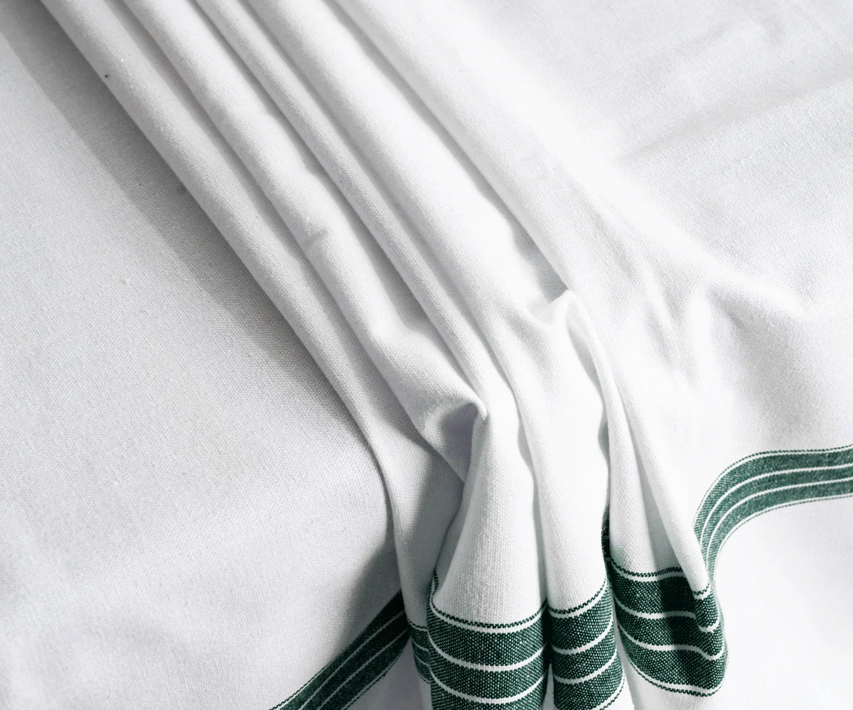White Cotton Tablecloth - Green Striped