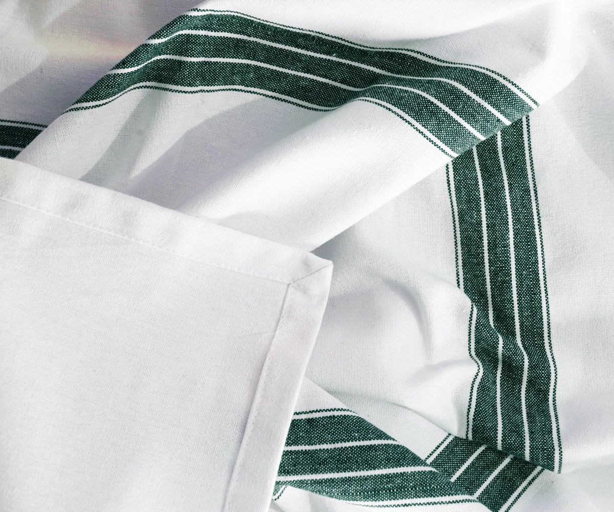 White Cotton Tablecloth - Green Striped