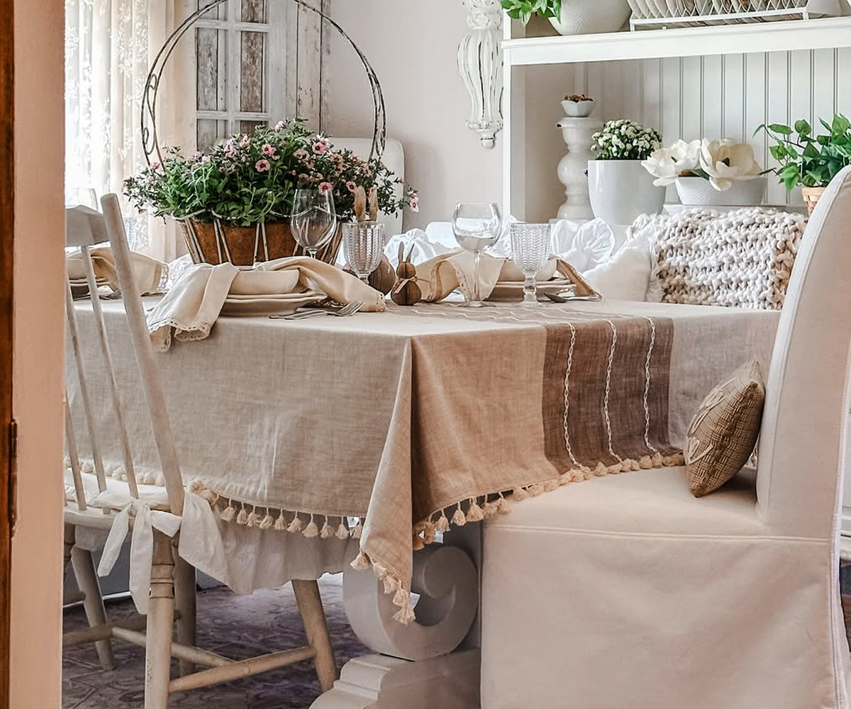 Beige Striped Tablecloth with Tassel