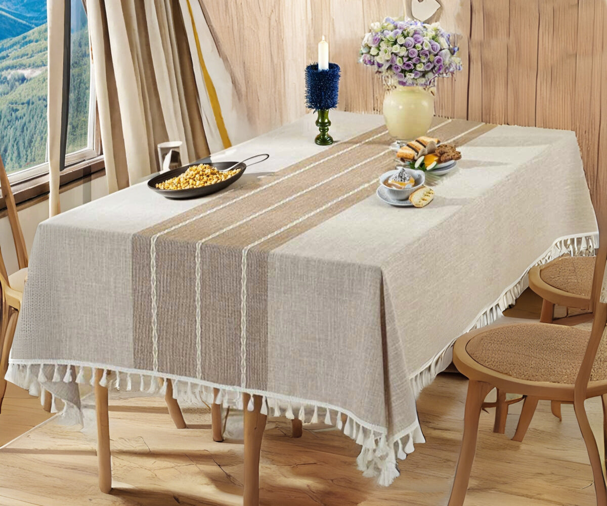 Beige Striped Tablecloth with Tassel