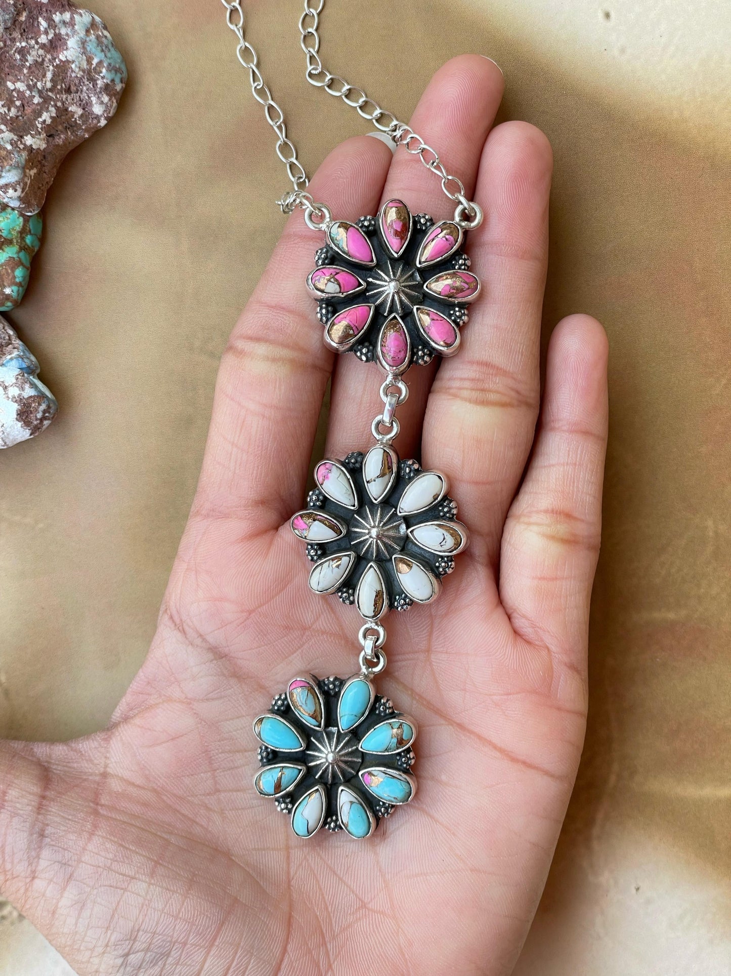 Handmade Sterling Silver Necklace Options- White buffalo, Cotton candy, Mojave, Dahlia rose, Lapis - Signed Nizhoni