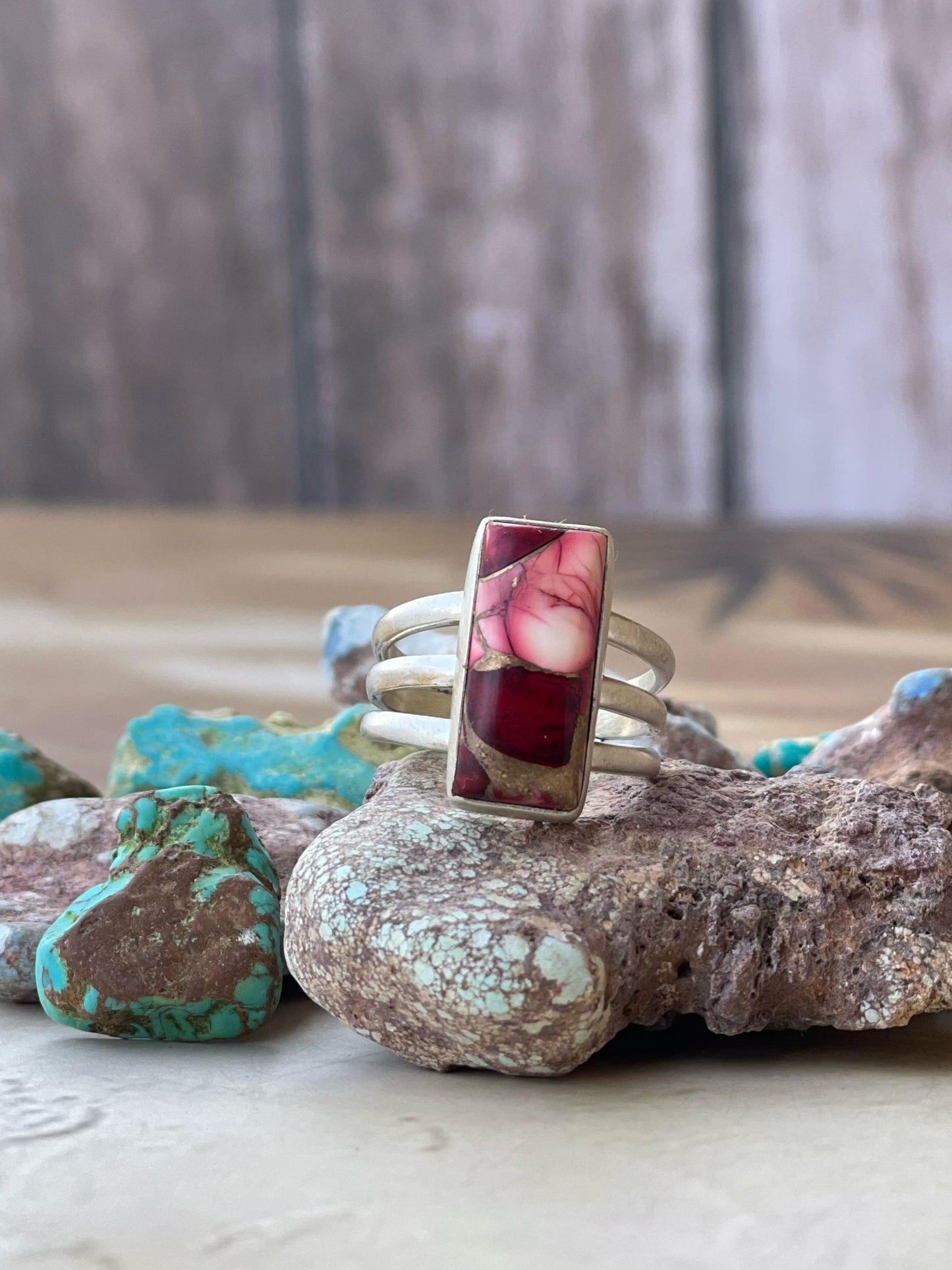 Handmade Sterling Silver Adjustable Red Dahlia Rose Ring signed Nizhoni