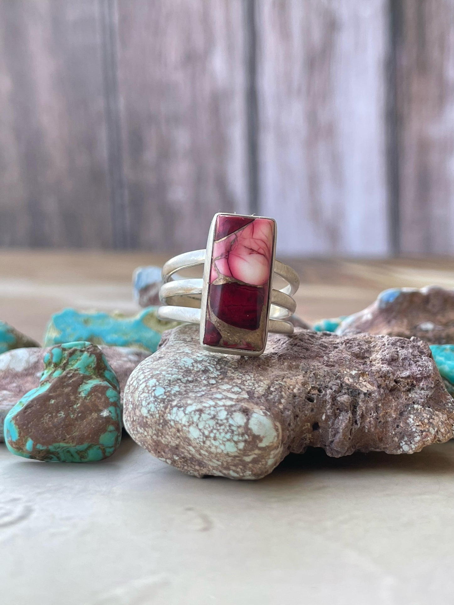 Handmade Sterling Silver Adjustable Red Dahlia Rose Ring signed Nizhoni