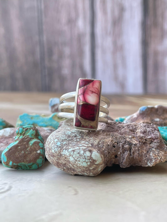 Handmade Sterling Silver Adjustable Red Dahlia Rose Ring signed Nizhoni