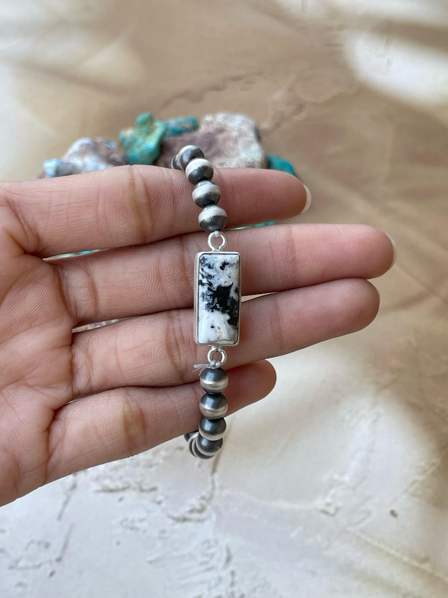 Handmade Sterling Silver 6 Inch Beaded bracelet with stone Signed Nizhoni